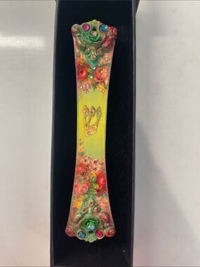 Michal Negrin Yellow Floral Decorative mezuzah with Multicolor Gems